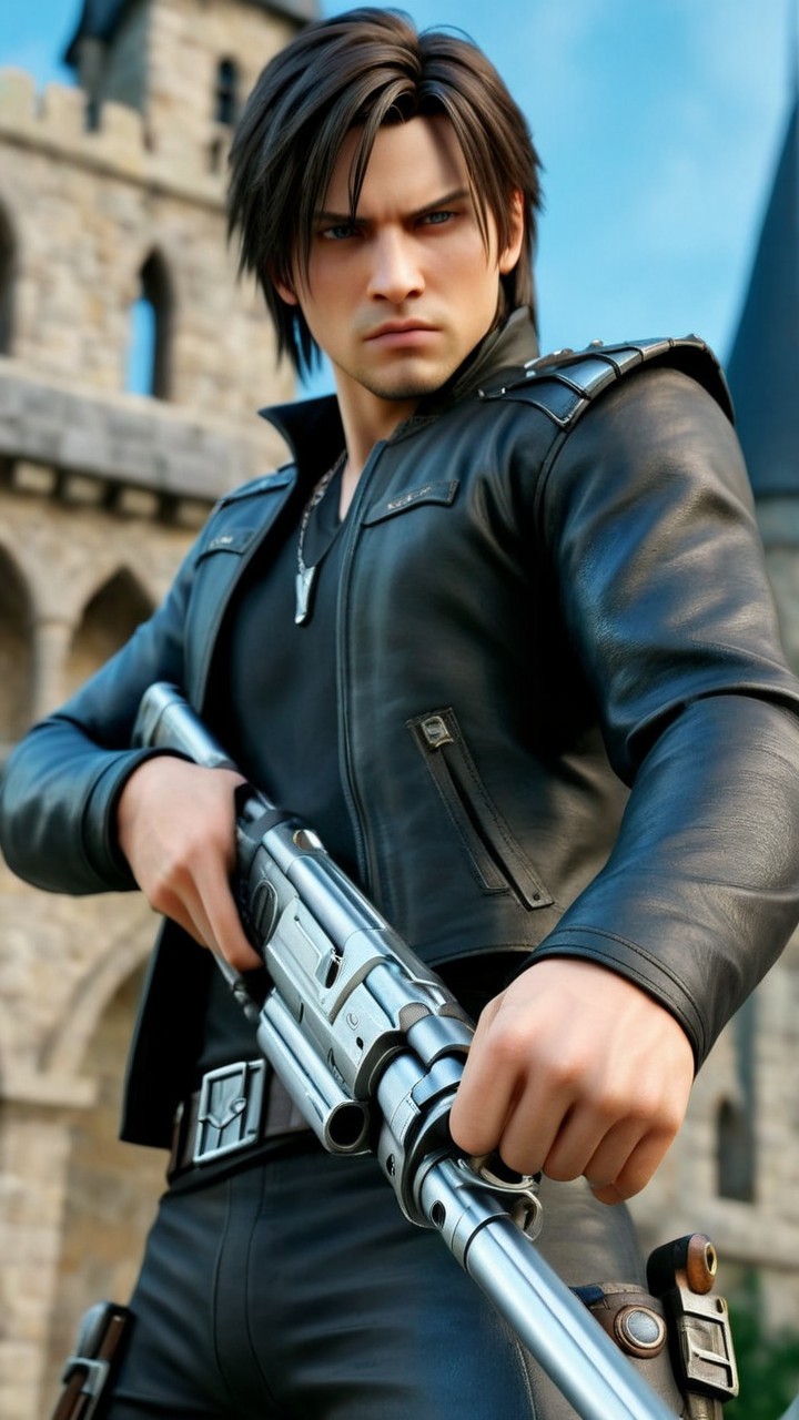 Rugged Character in Leather Jacket with Rifle in Medieval Setting