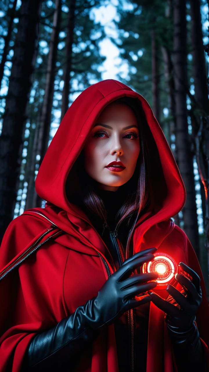 Woman in Red Cloak Holding Glowing Red Orb in Forest