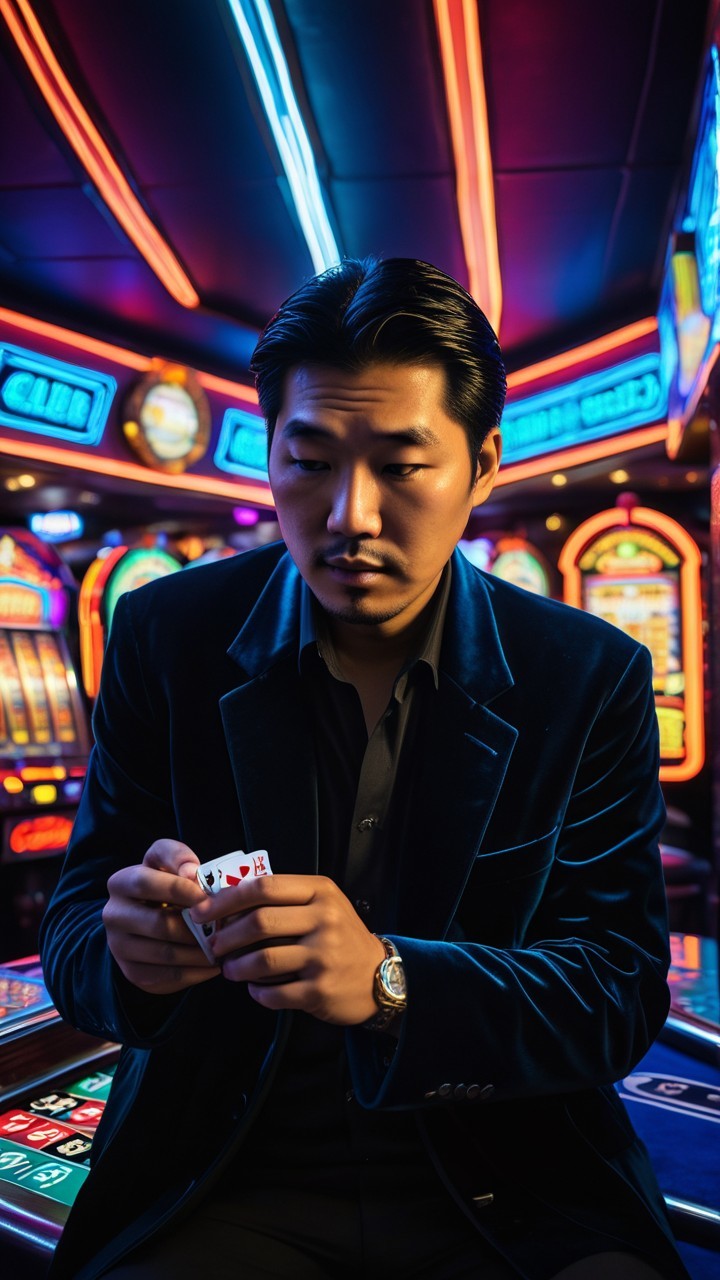 Young Man in Velvet Jacket at Neon Casino Table