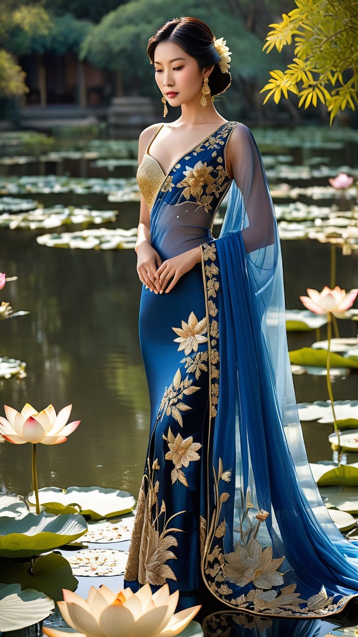 Elegant Woman by Serene Pond with Lotus Flowers