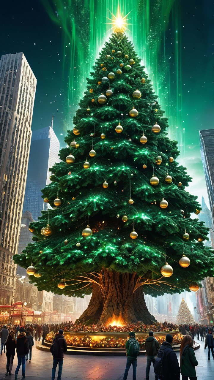 Colossal Christmas Tree with Golden Baubles and Lights