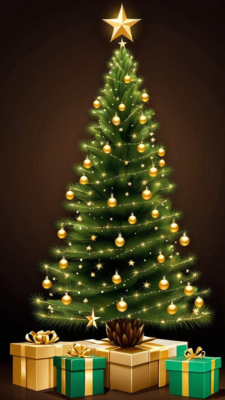 Realistic Tall Green Christmas Tree with Gold Decorations