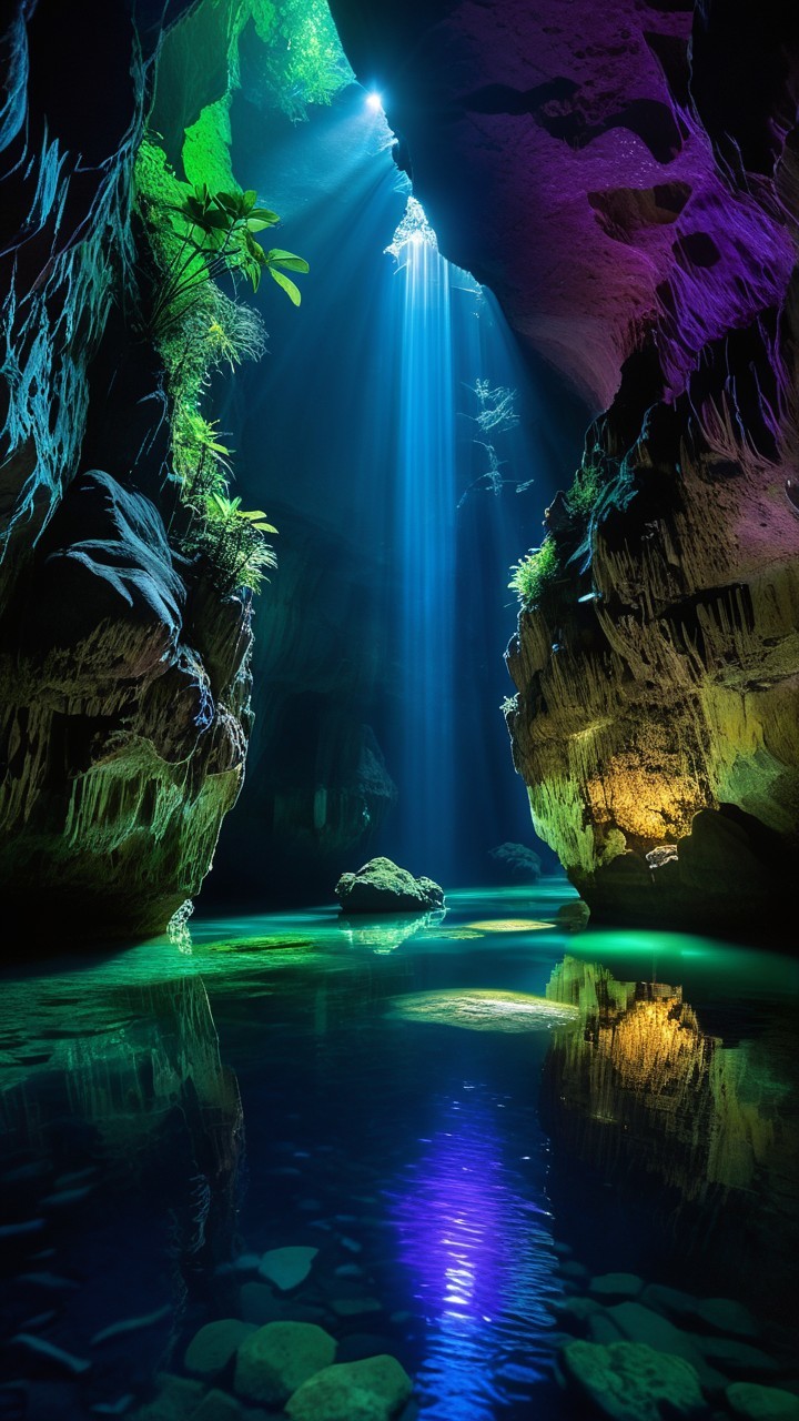 Cave with Illuminated Rock Formations and Water Reflections