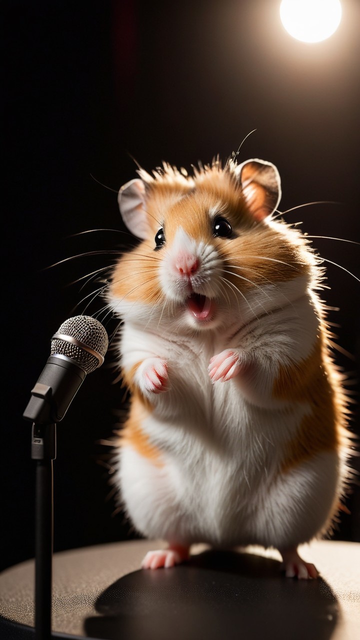 Hamster on Stage with Microphone in Spotlight