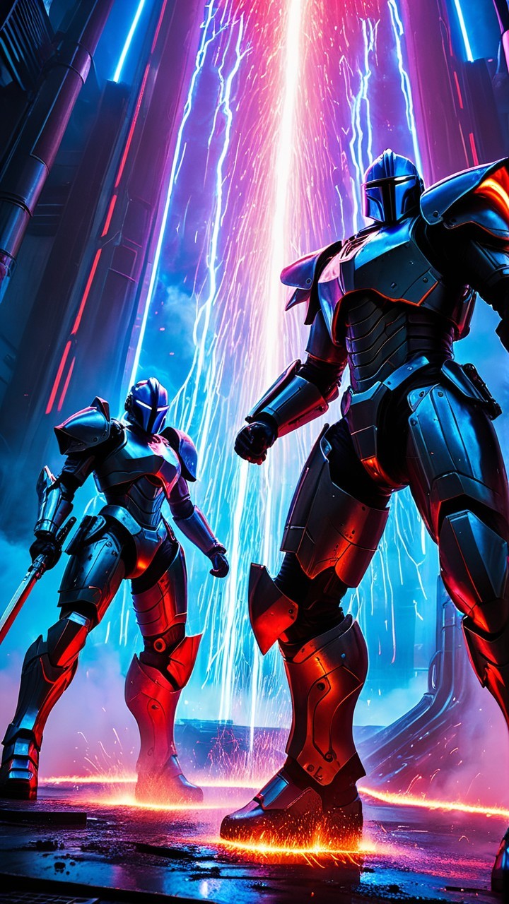 Futuristic Armored Warriors in Neon-Lit Setting