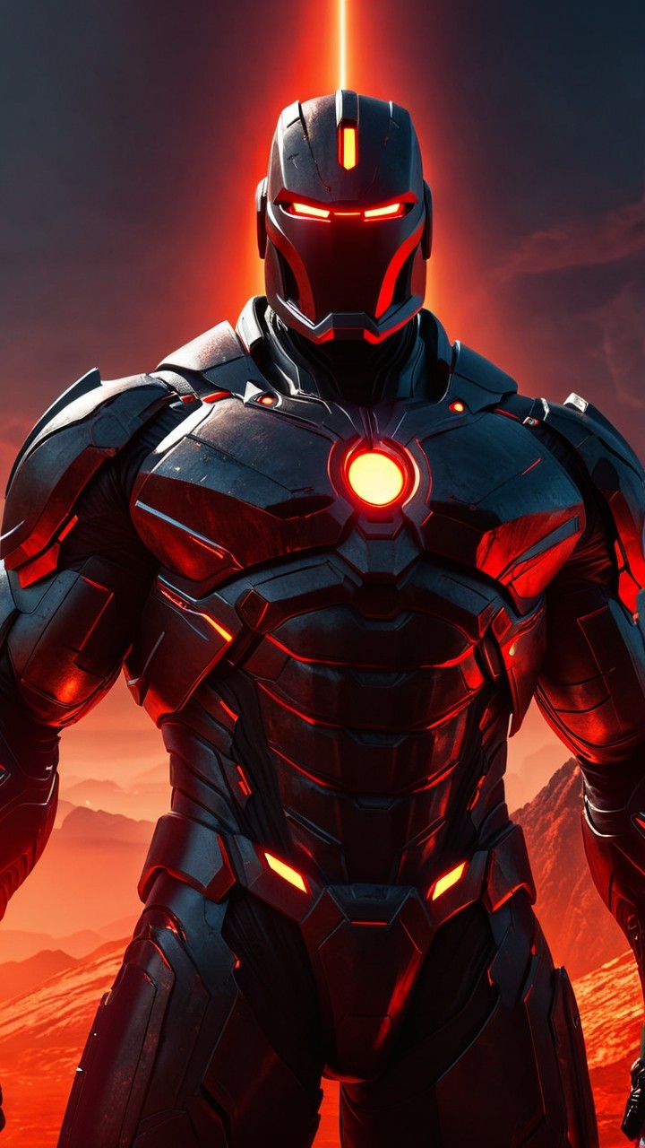 Armored Figure in Fiery Landscape with Glowing Details