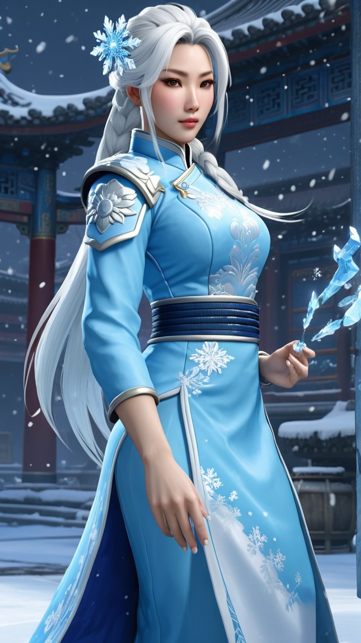Female character in blue gown in snowy landscape