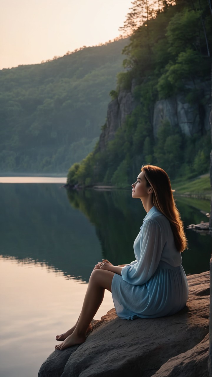 Woman in blue dress by tranquil lakeside scene