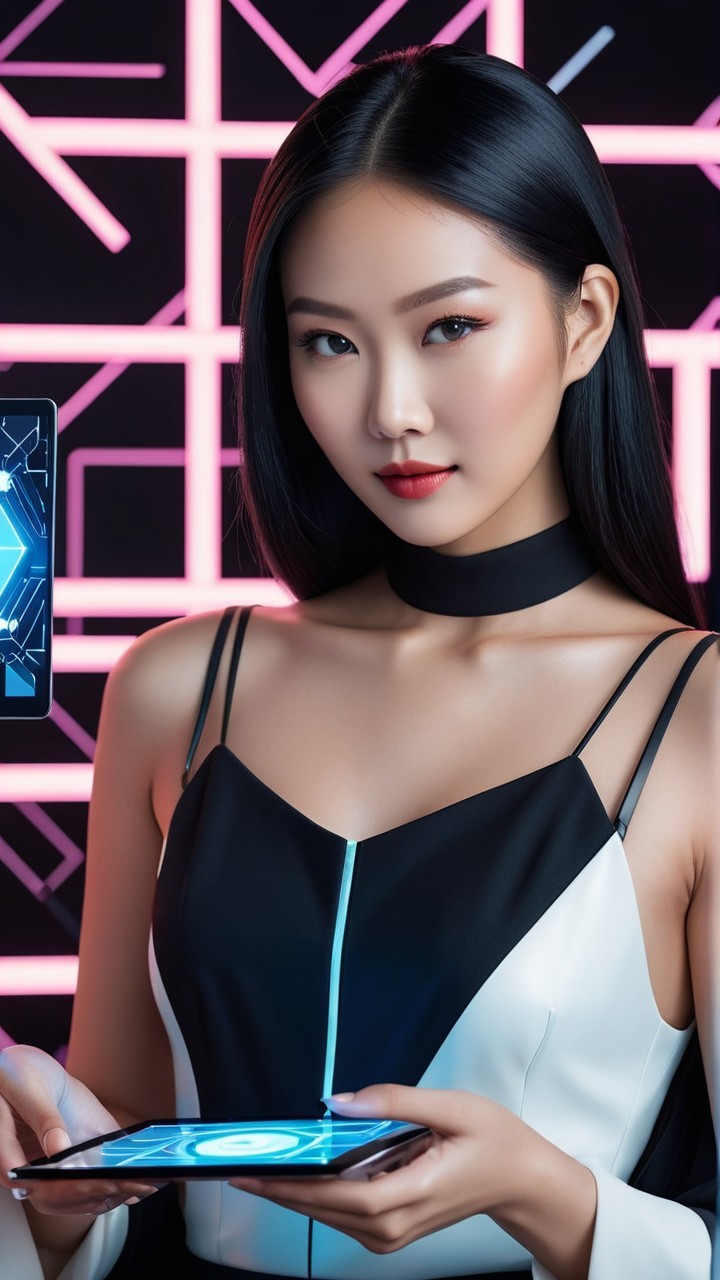 Young woman in stylish outfit against geometric backdrop