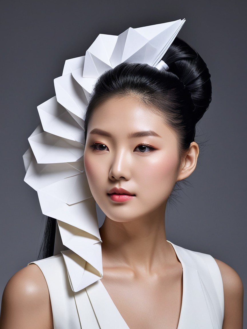 Woman with bun hairstyle and paper fan accessory