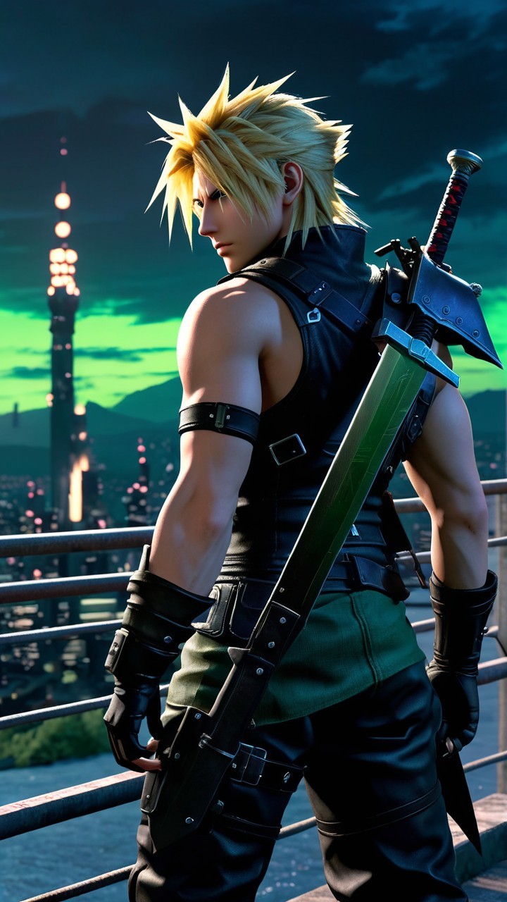 Muscular Character with Sword Overlooking City at Night
