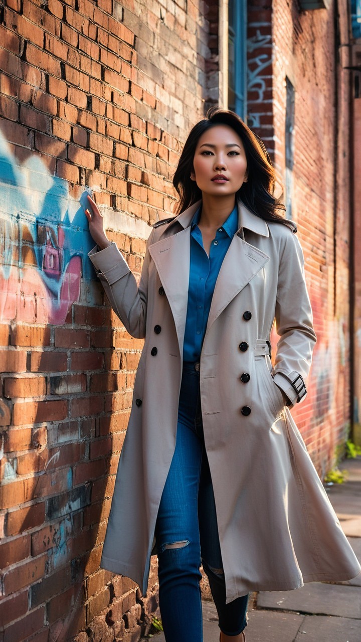 Confident Woman in Trench Coat Against Graffiti Wall