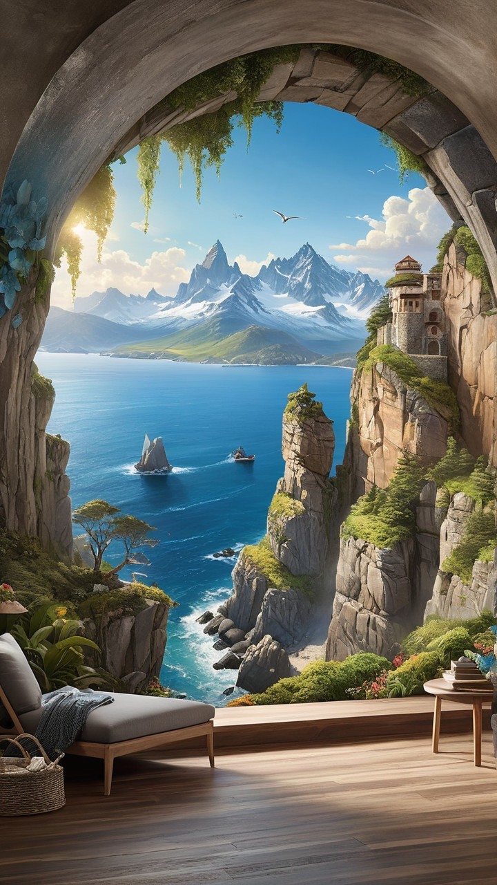 Cave View of Mountains and Tranquil Sea Landscape