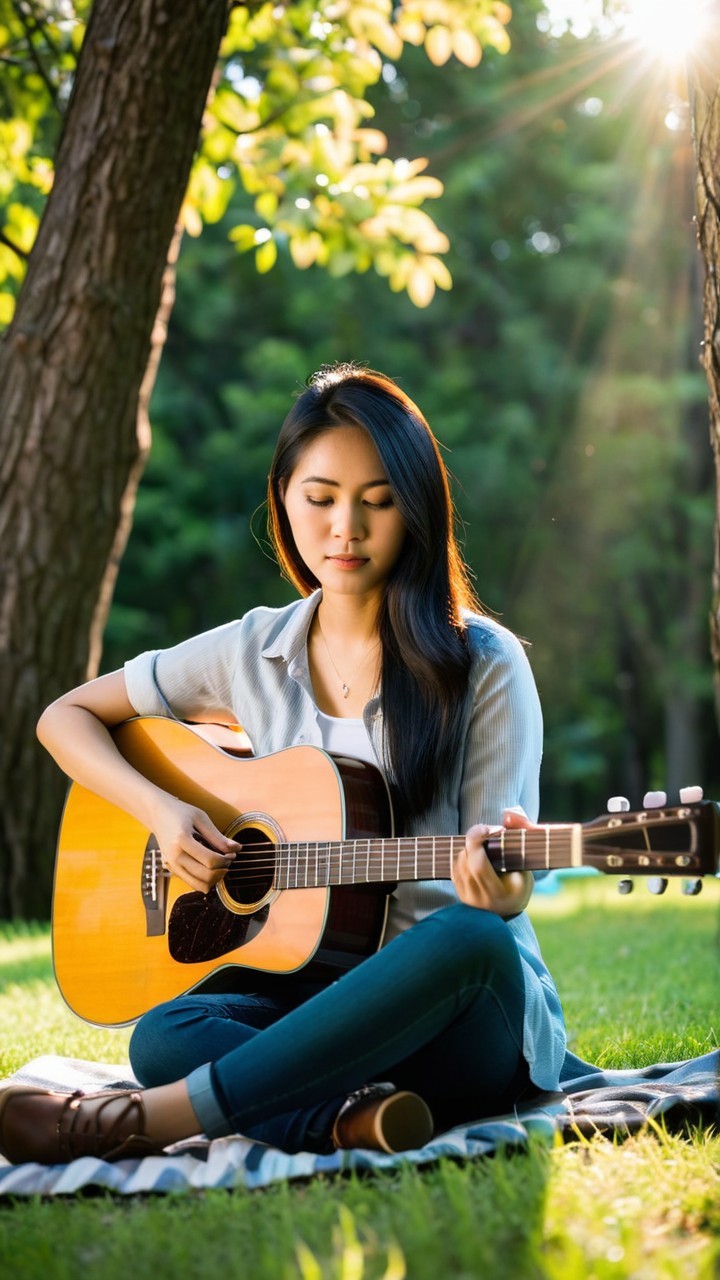 Young Woman Playing Guitar in Sunlit Park Setting