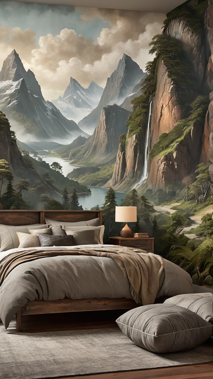 Serene Bedroom with Mountain Mural and Cozy Decor