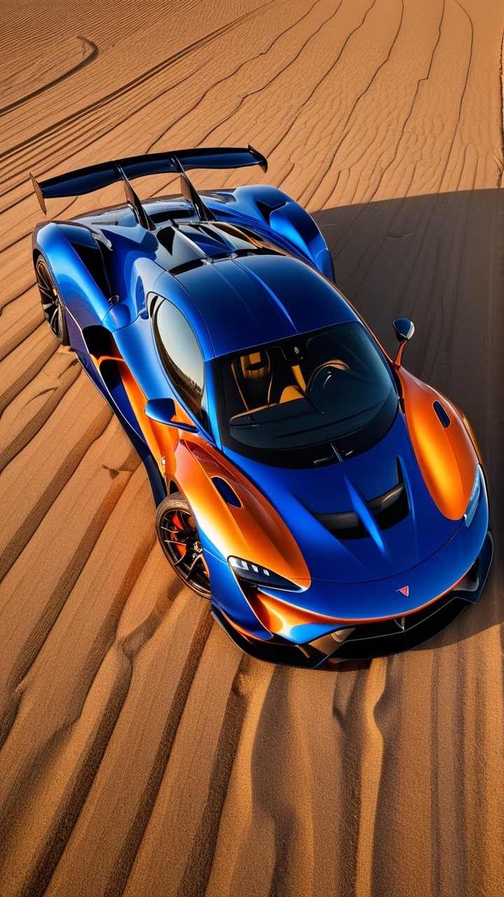 Sleek Supercar in Blue and Orange on Sand Dunes