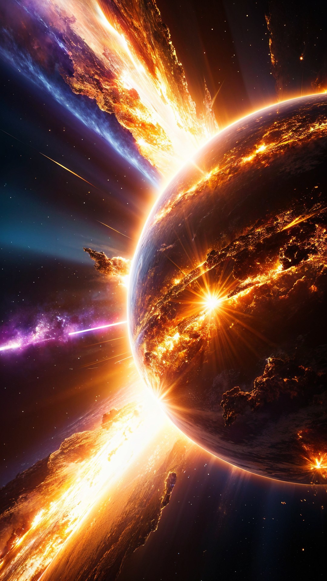 Distant Planet in Flames with Colorful Cosmic Background