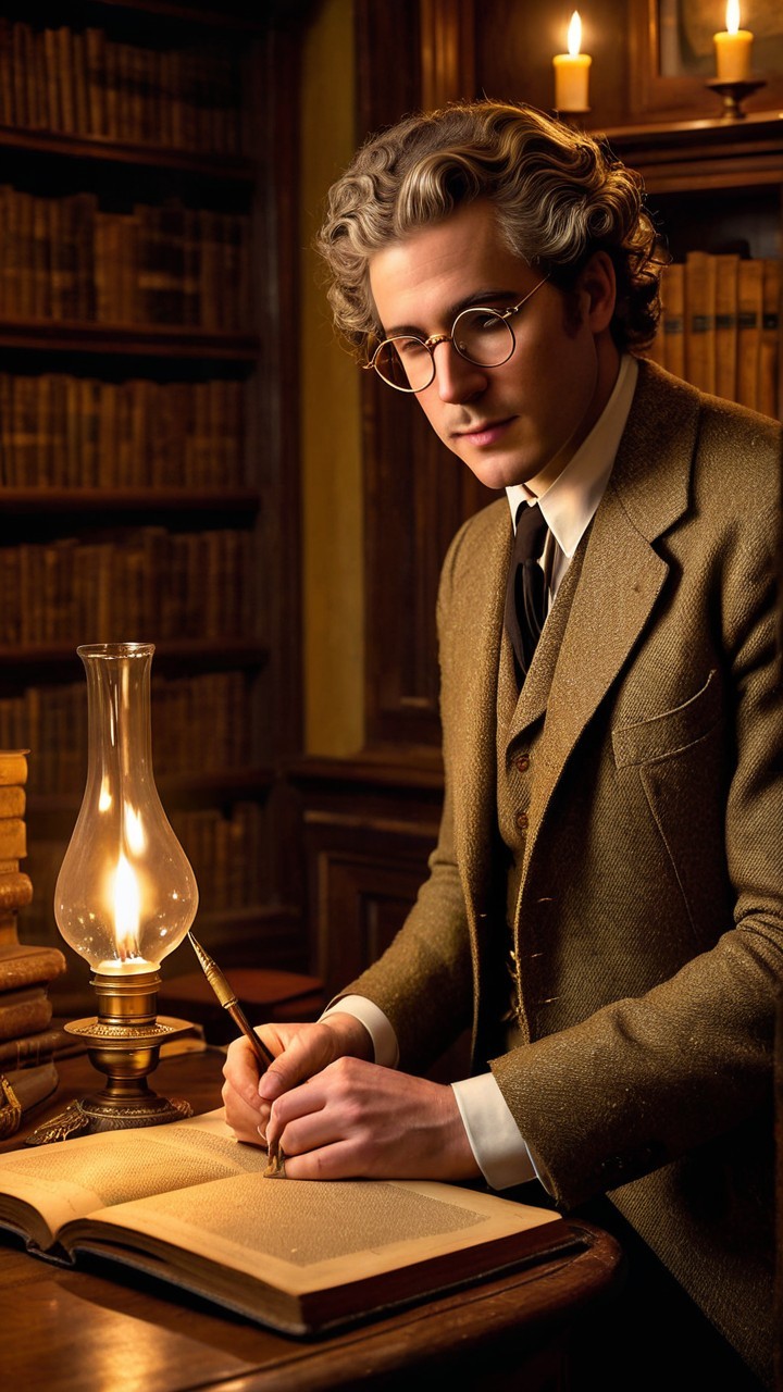 Young man writing in library with vintage decor