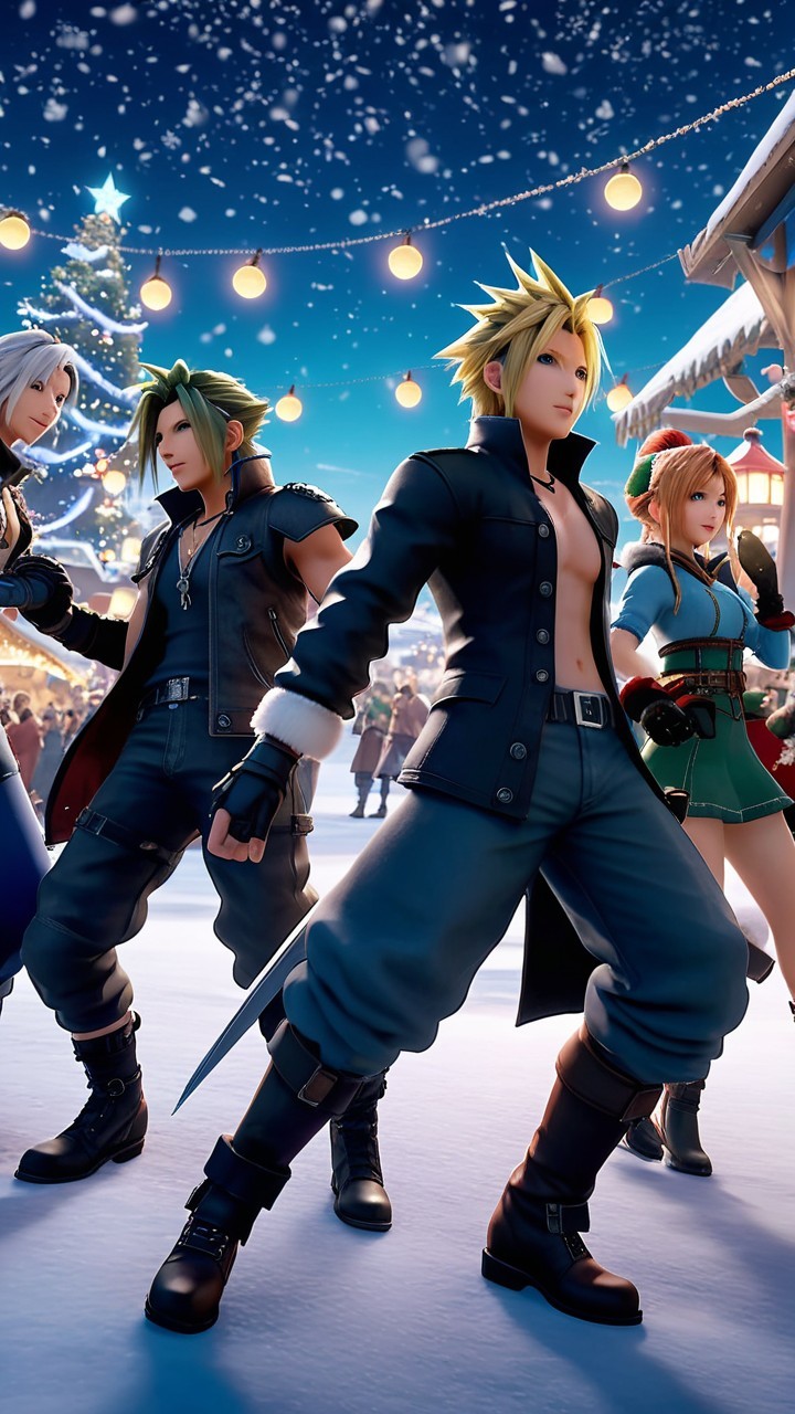 Vibrant Winter Scene with Iconic Characters and Lights