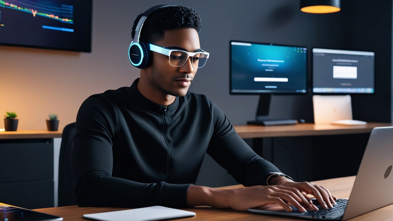 Young man at modern desk with multiple monitors