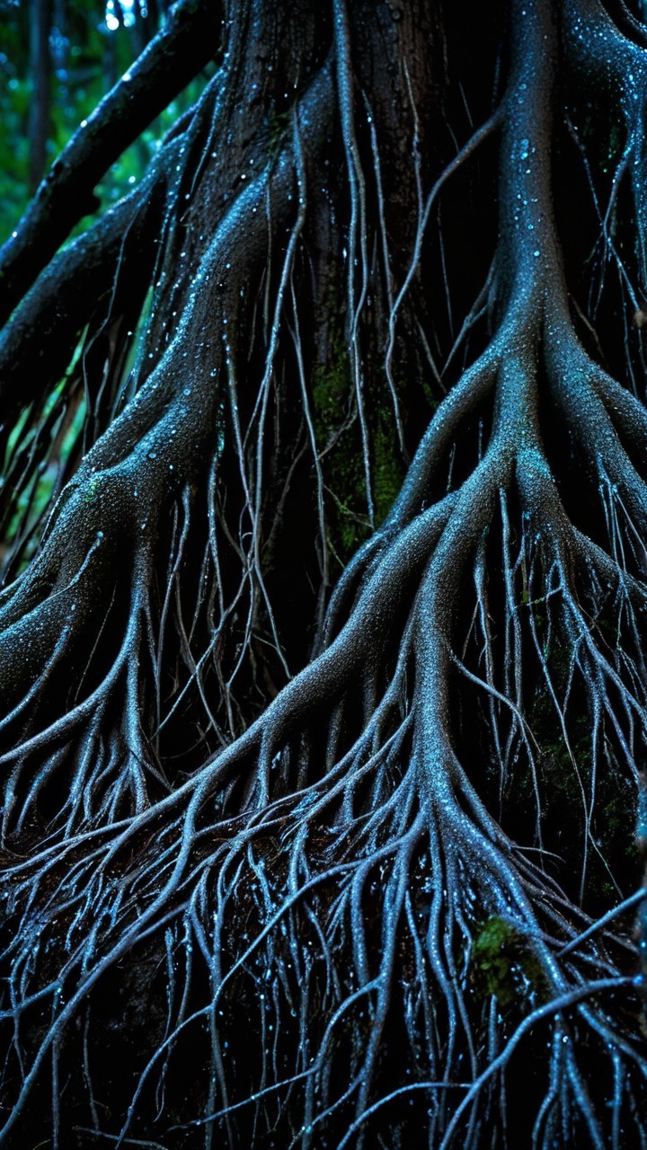 Close-Up of Intricate Tree Root System with Dew