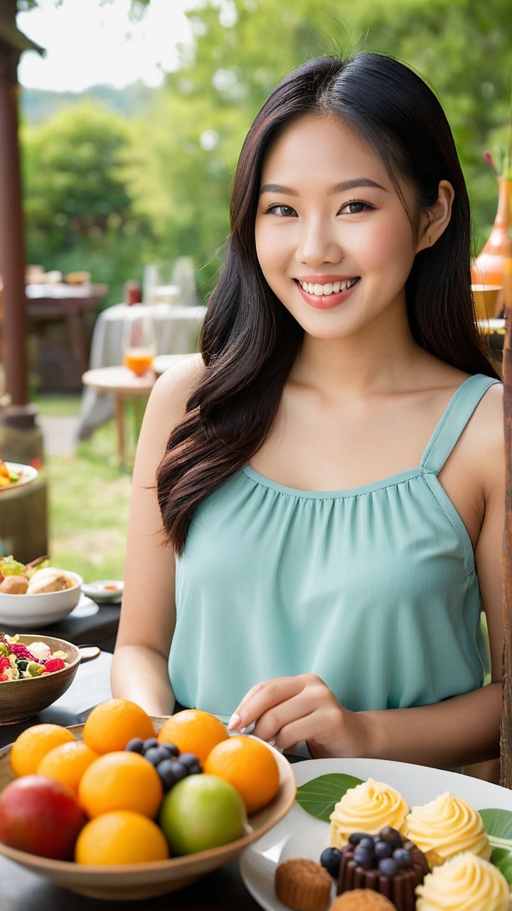 Young woman with fruits and desserts in outdoor setting