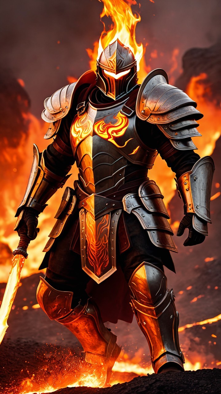Fierce warrior in fiery armor amidst molten lava