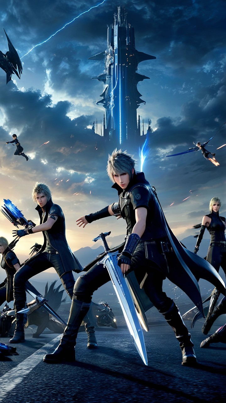 Stylized Warriors with Glowing Weapons in Futuristic Setting