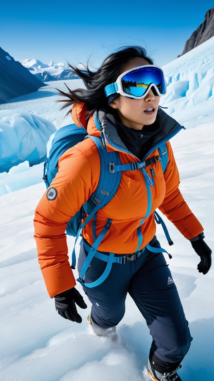 Woman Climbing Glacier in Orange Jacket and Blue Backpack