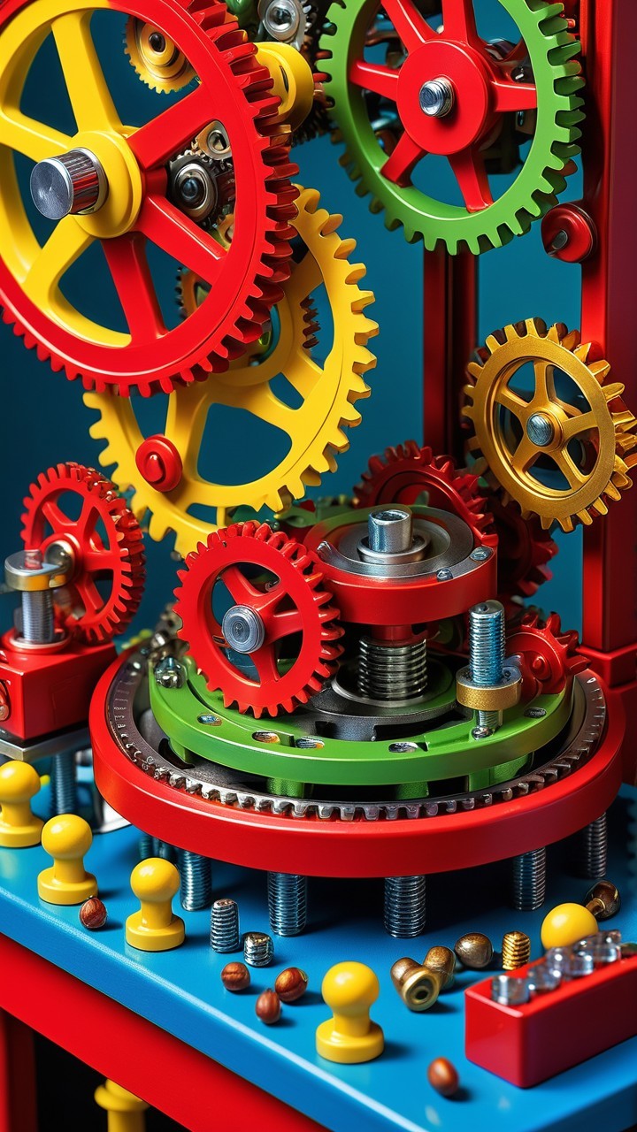 Colorful Gears and Mechanical Components Assembly