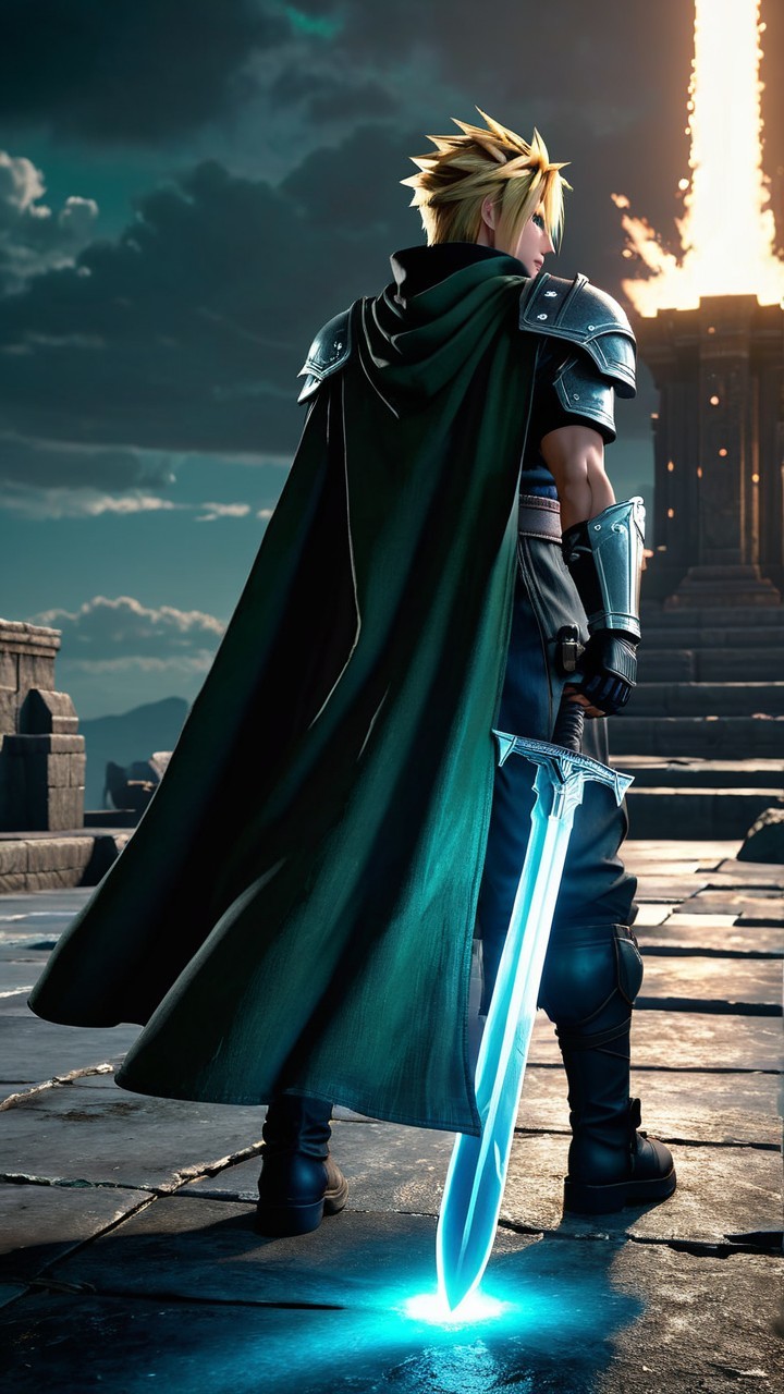 Heroic figure in armor with glowing sword in landscape