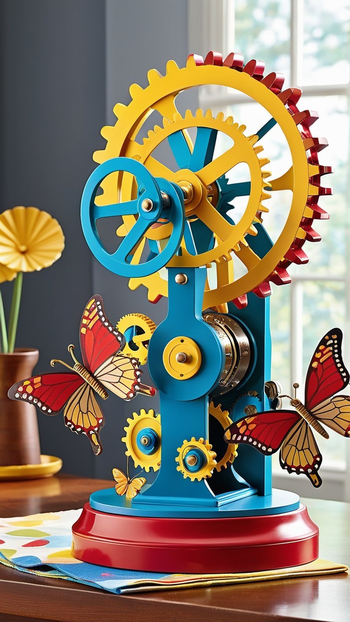 Colorful Mechanical Contraption with Butterflies and Gears