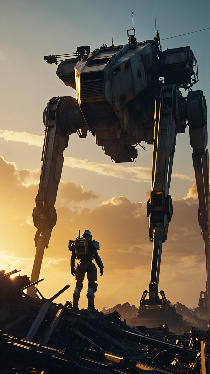 Lone Figure in Futuristic Suit Amid Dystopian Landscape