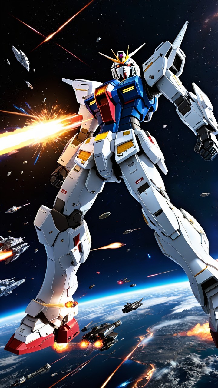 Colossal Mech in Space with Energy Blasts and Battle