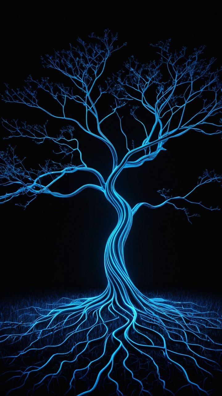 Blue Tree Silhouette with Neon Glow on Dark Background