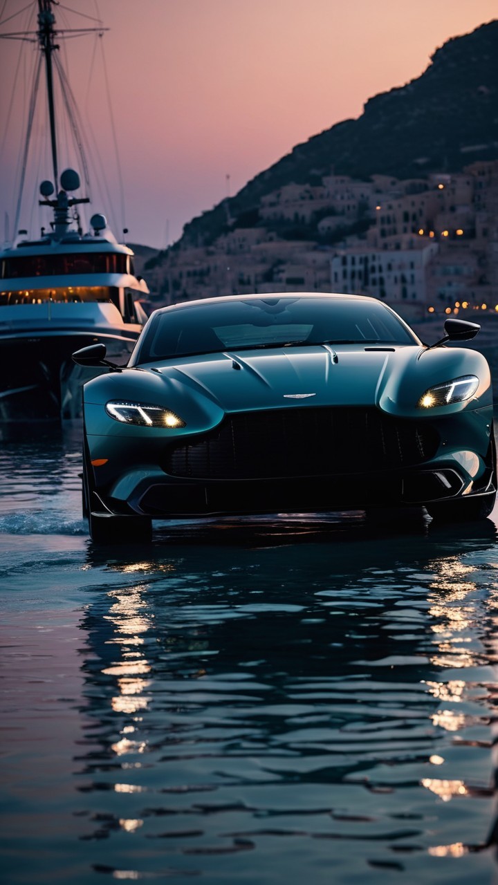 Dark Green Aston Martin on Water at Sunset
