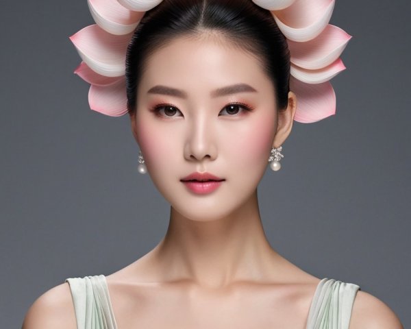 Portrait of East Asian Woman in Floral Crown and Dress