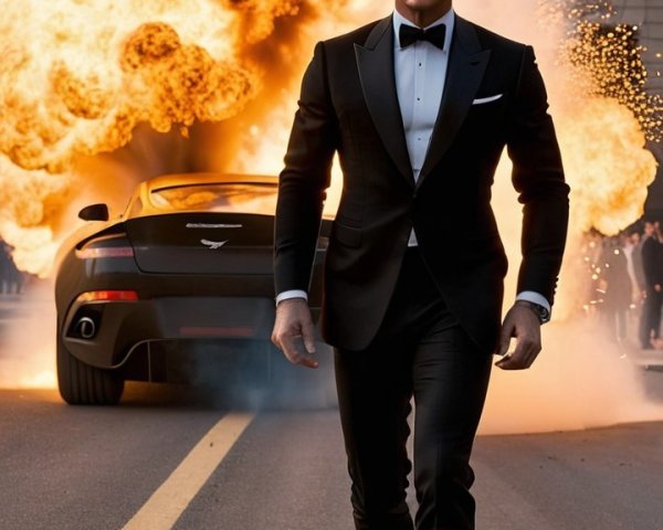 Man in Tuxedo with Explosion and Black Car Nearby