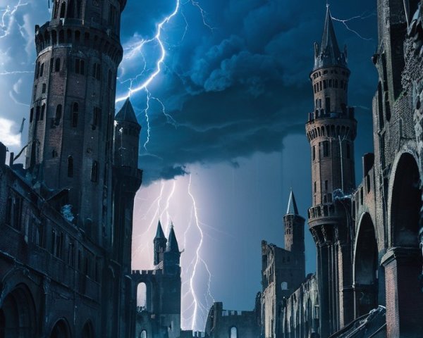 Dramatic scene of a ruined castle under stormy sky