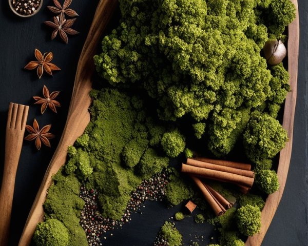 Flat Lay of Wooden Tray with Spices and Moss