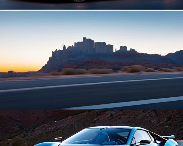 Blue Sports Car in Desert at Dusk with Golden Light