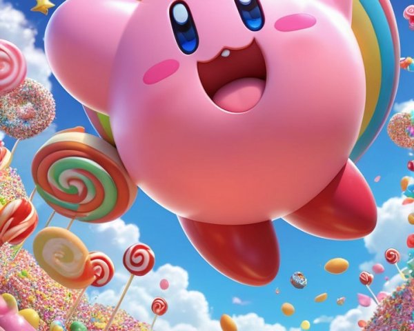 Cheerful Pink Character in Candy-Filled Landscape