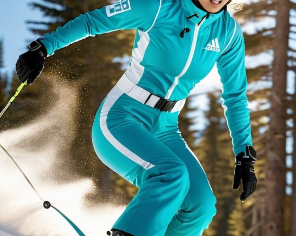 Skier in Turquoise Suit Gliding Down Snowy Slope