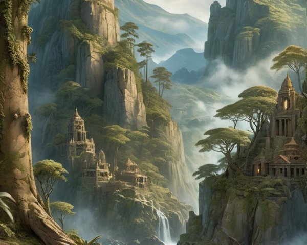 Serene Landscape with Mountains, River, and Ruins