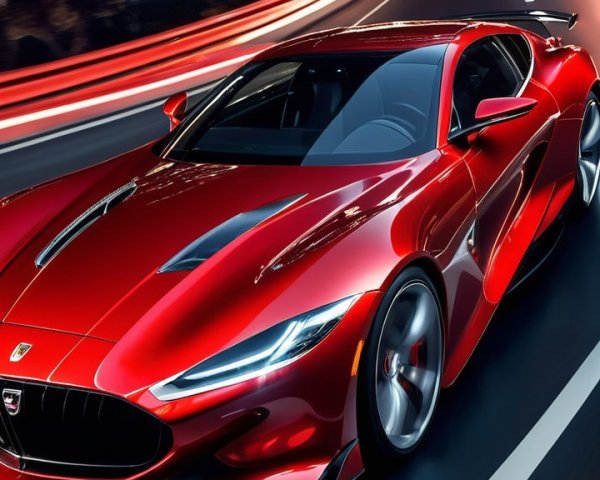 Red Sports Car on Modern City Street at Night