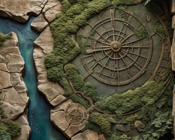 Textured Landscape with Circular Compass and River