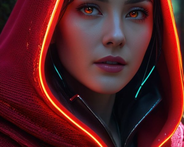 Young woman in red cloak amid enchanting forest scene