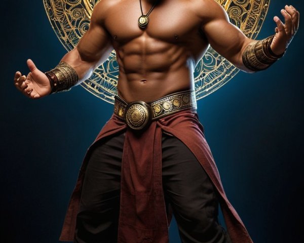 Muscular Figure in Ancient Attire with Mandala Background