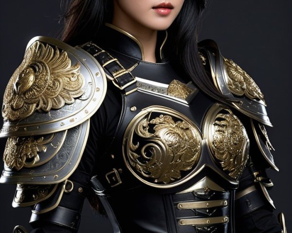 Elegant East Asian Female Warrior in Black and Gold Armor