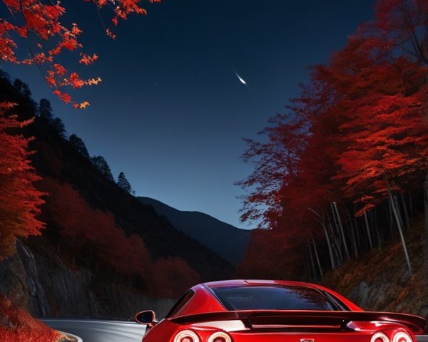 Red Sports Car on Winding Road with Autumn Trees